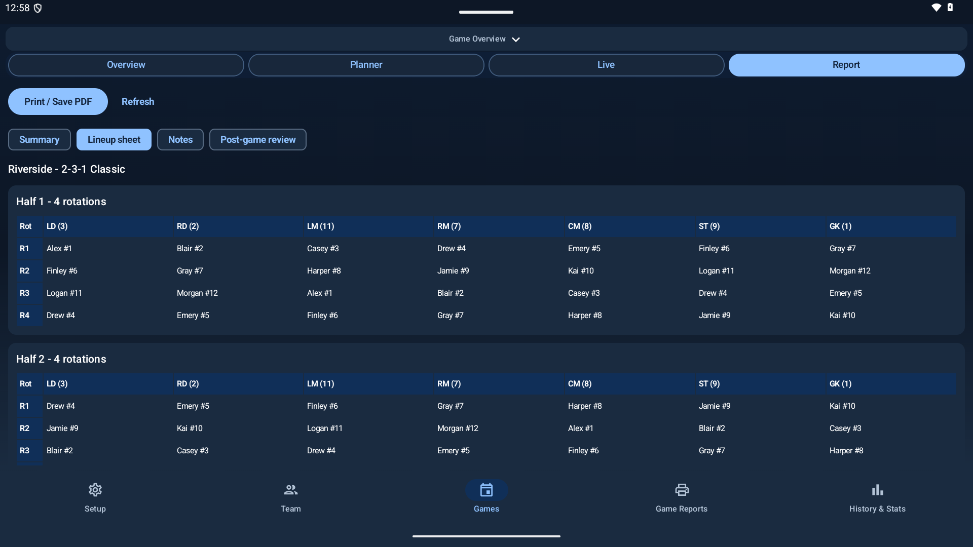 Soccer Growth Hub on an Android tablet showing both halves of a fictional team's lineup and rotations